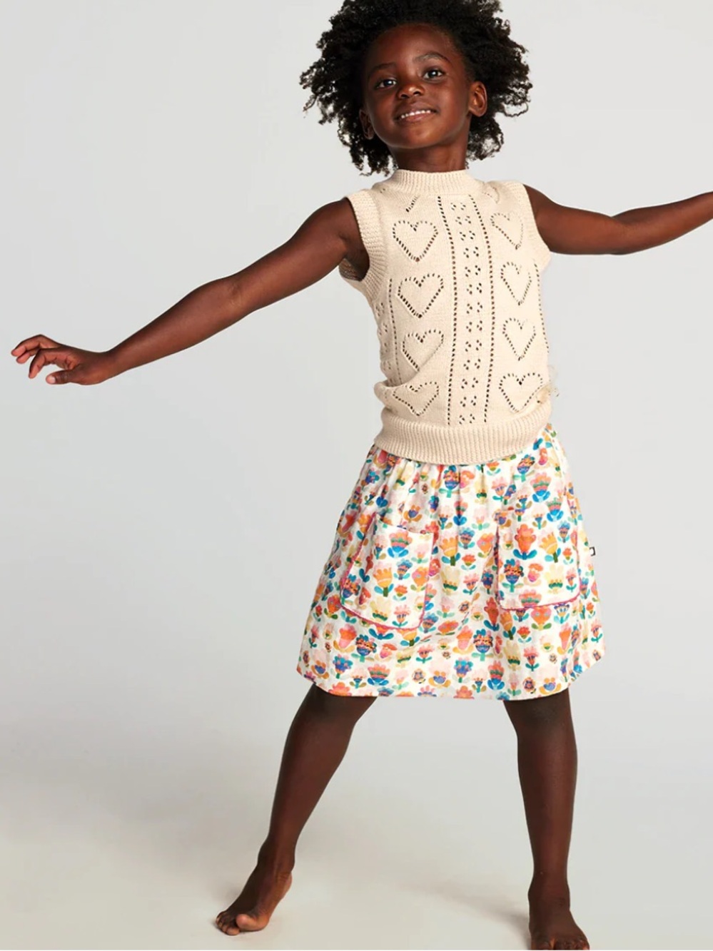 Oeuf Ric Rac Skirt | Papaya/Gingham Colorway | Linen | Mixed Floral | 2-3 years